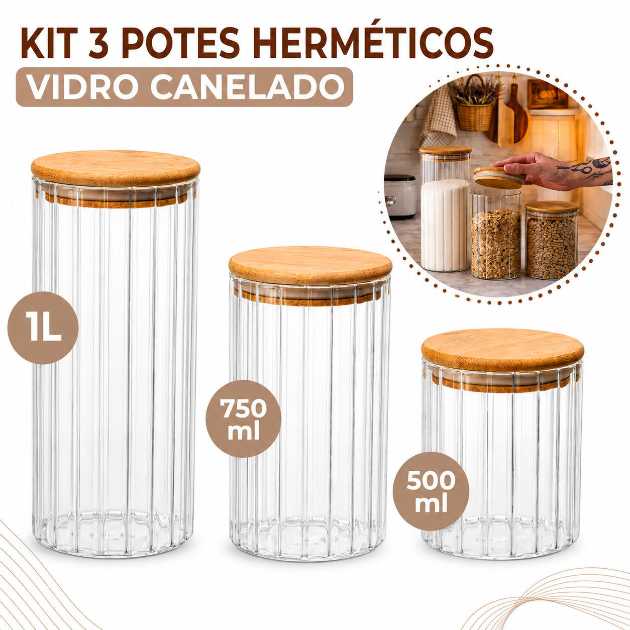 Kit Pote Vidro Mantimento Hermético Canelado Tampa Bambu